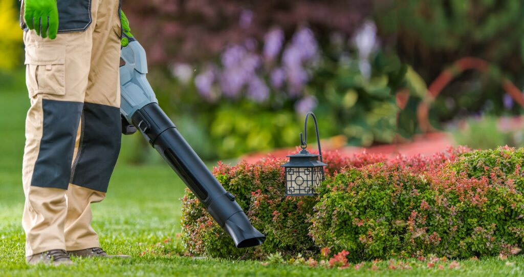 Gardener With Leaf Blower In His Hand Cleaning Residential Garde