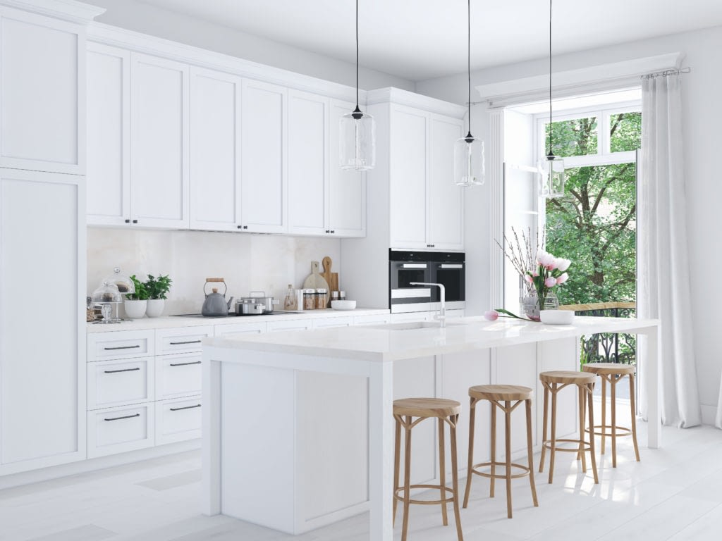 Modern Nordic Kitchen In Loft Apartment. 3D Rendering