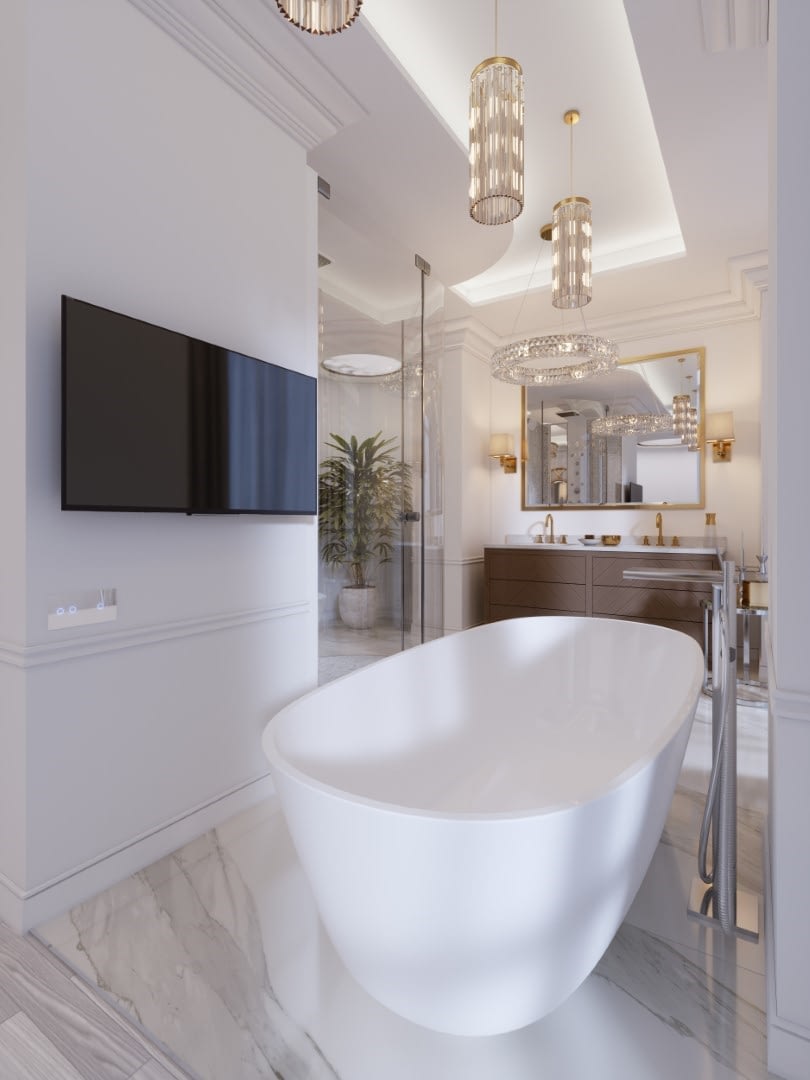 Luxurious Contemporary Bathroom With A Free Standing Bath And TV On The Wall, Shower, Vanity With Mirror And Wall Lamp.