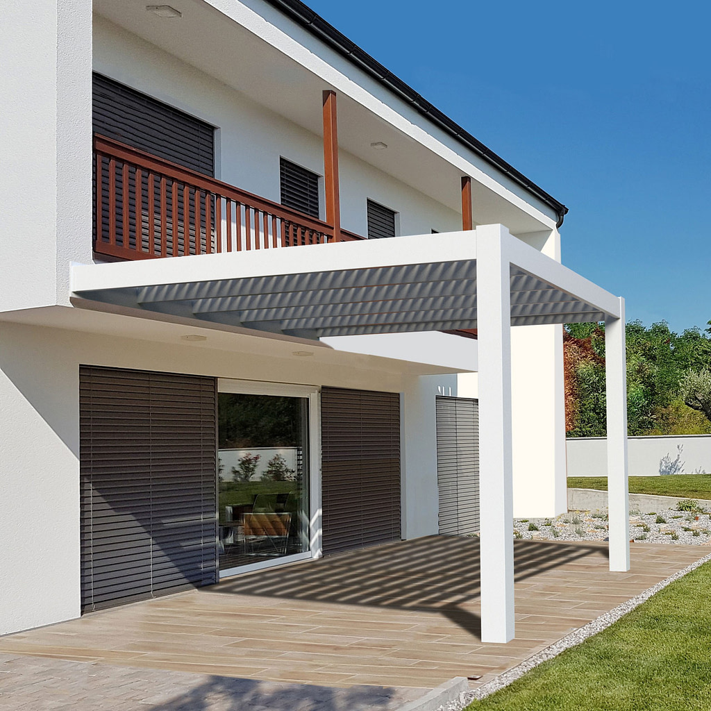 Attached white modern pergola over a patio