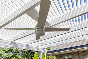 Close up of a pergola fan mount with attached fan