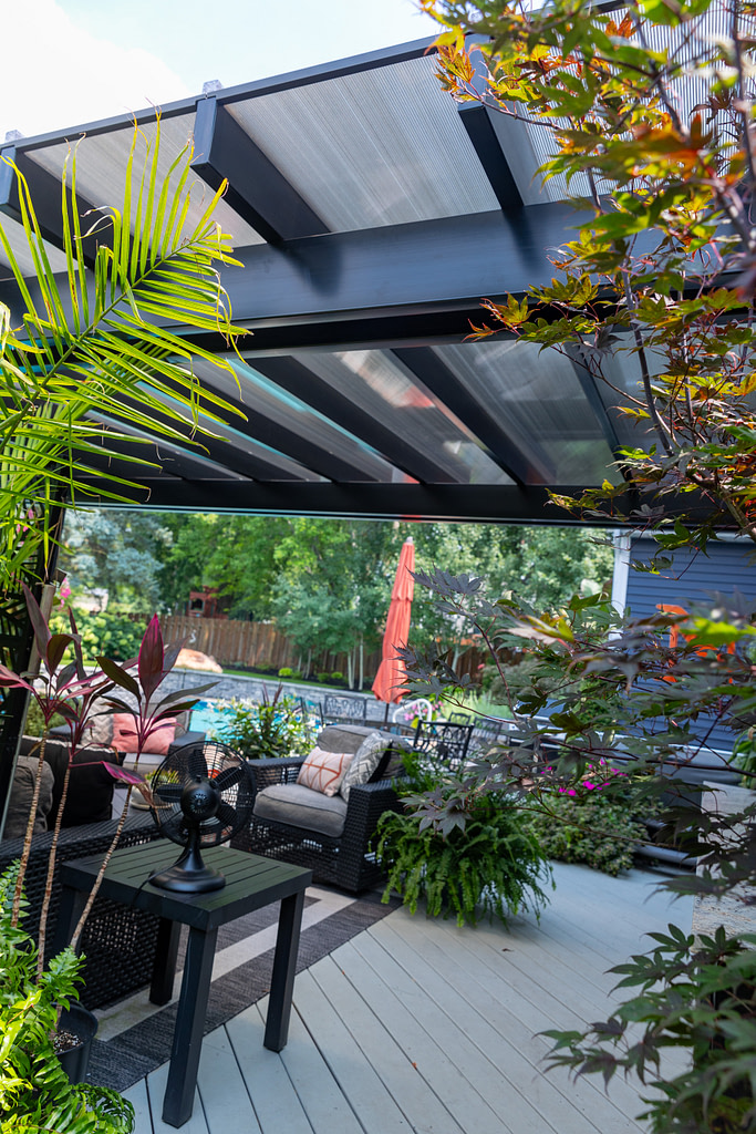 View under outdoor patio pergola with rainproof roof