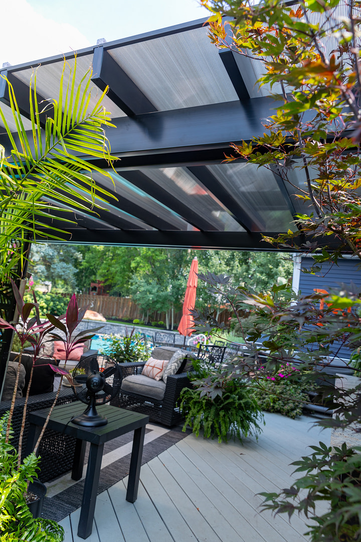 View under outdoor patio pergola with rainproof roof