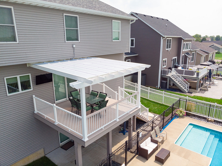 overhead view of an attached pergola over a raised deck