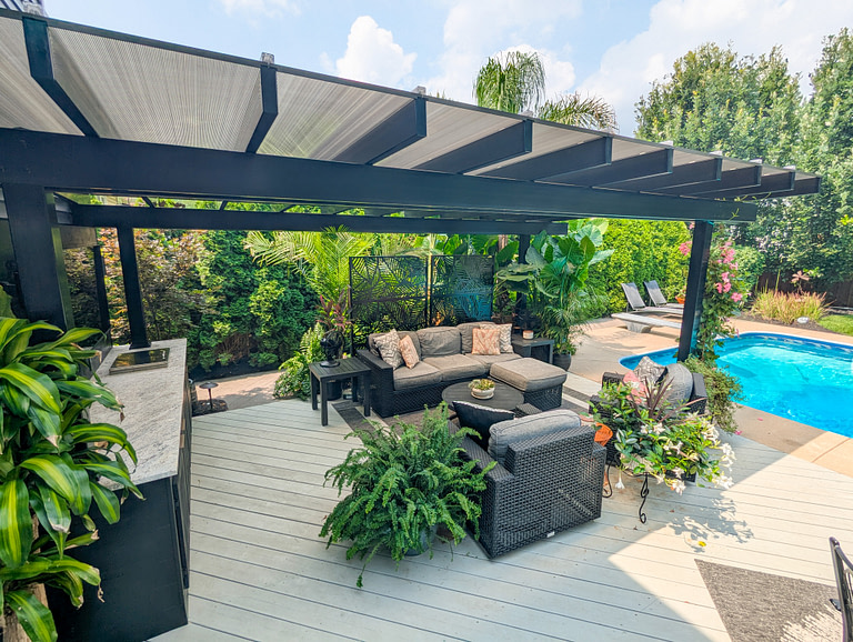 Black rainproof pergola with polycarbonate roof panels