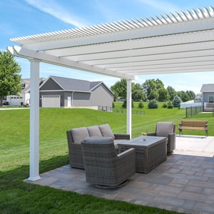 Shade shown on a patio under an attached pergola