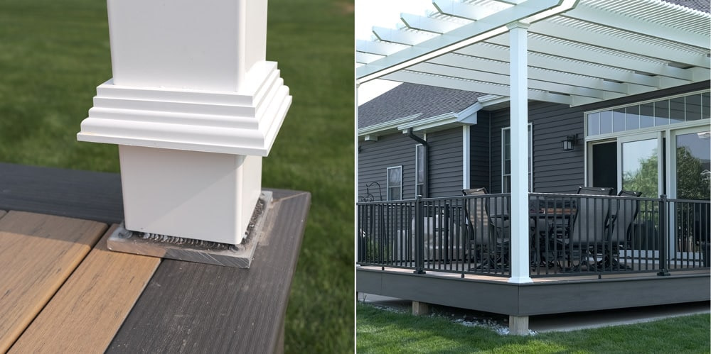Split photo of a post with the post skirt pulled up to reveal the post plate on a deck, the other half shows the completed deck pergola
