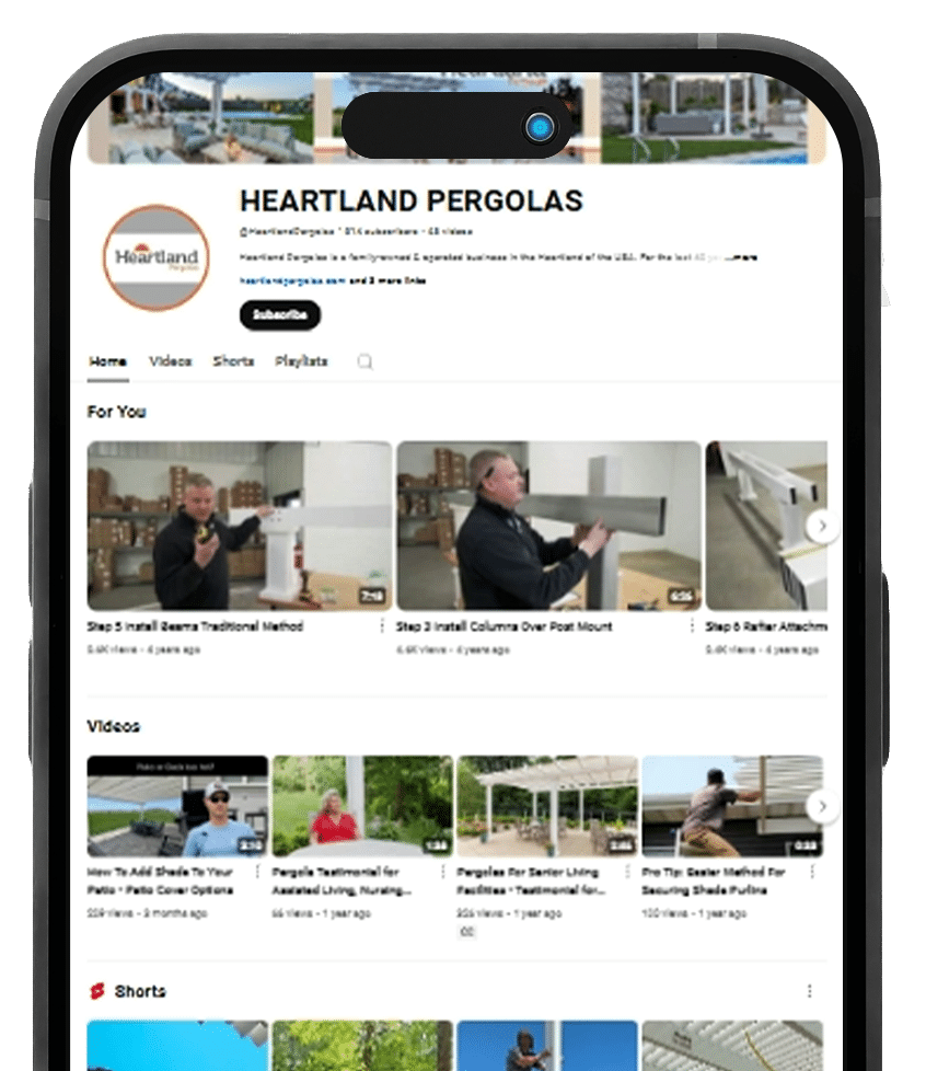 Heartland Pergolas YouTube video gallery showing installation tutorials