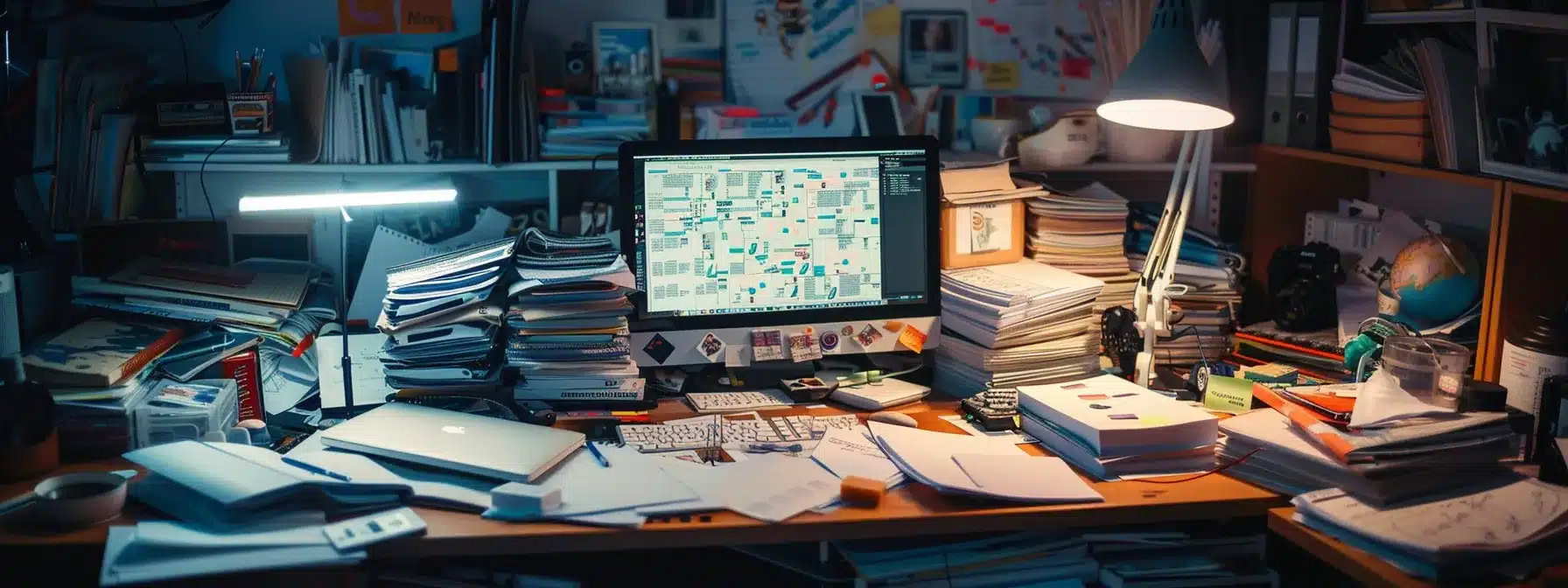 a cluttered desk with stacks of papers, open notebooks, and multiple open tabs on a computer screen, showcasing the chaos of inefficient content creation.