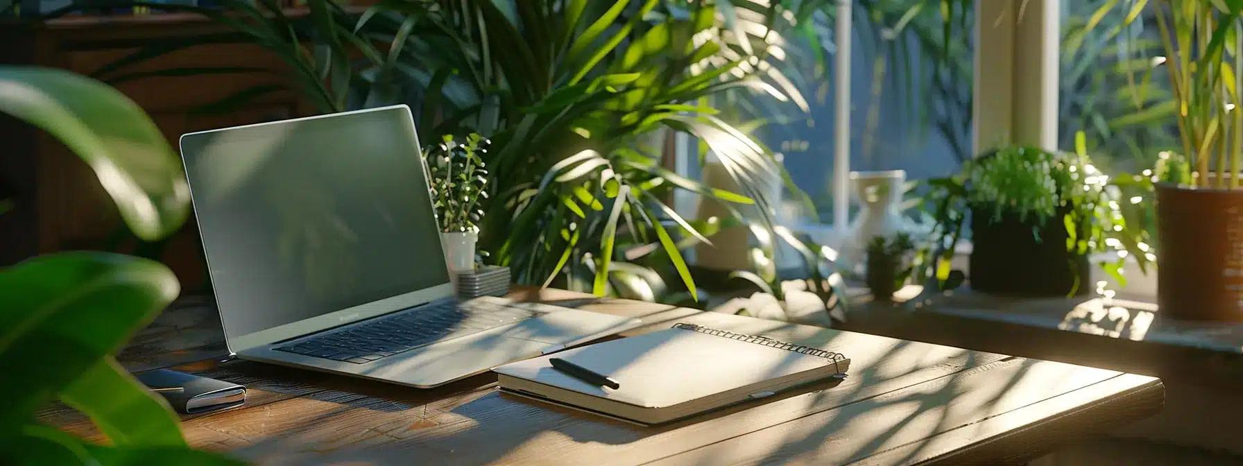 a clutter-free desk with a sleek laptop, notebook, and pen, surrounded by fresh green plants.