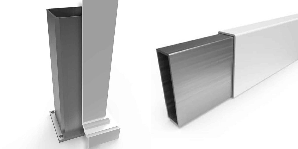 cross sections of heartland pergolas posts and beams/rafters showing the aluminum inside of the vinyl