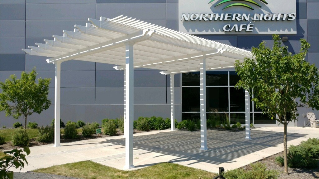 Custom height large commercial pergola for outdoor cafe