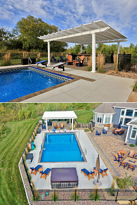 Split view of a poolside pergola, one from the side and one from overhead.