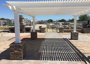 Side view of a pergola that has both 90% shade coverage on the left half and 75% shade coverage on the right half for comparison.