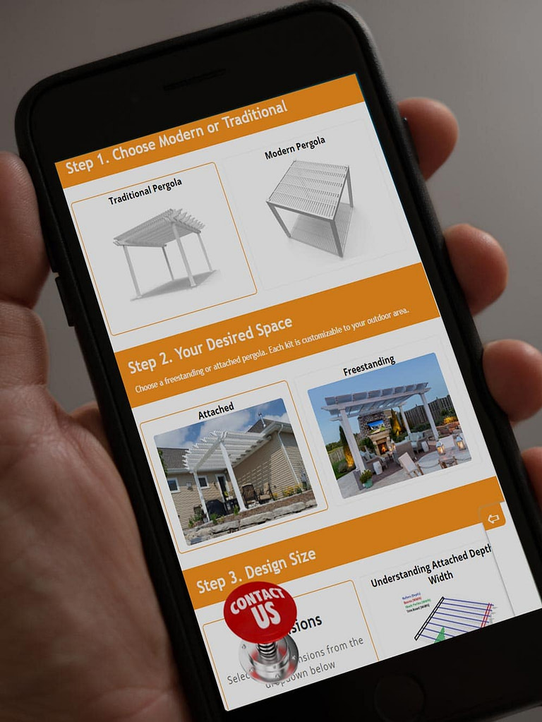Cellphone with the Heartland Pergolas pergola builder on the screen.