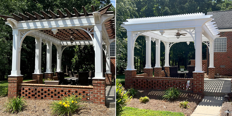 remodeled wood pergola that replaces the rotted wood rafters and slats with a vinyl roof system
