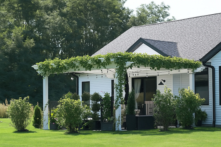vine covered vinyl pergola over patio