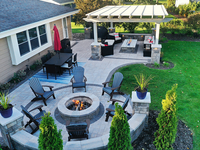 freestanding pergola as part of a large backyard landscape project