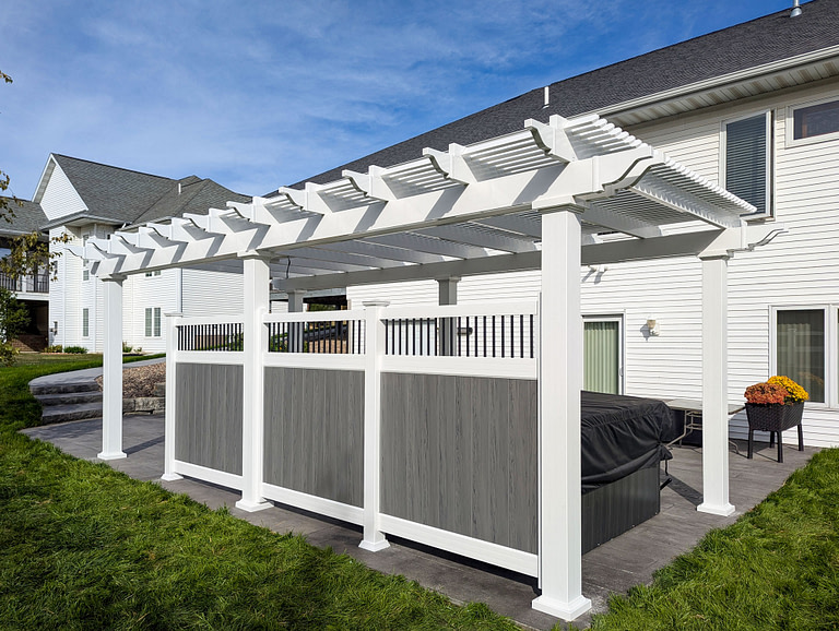 large vinyl patio pergola with vinyl fence privacy wall