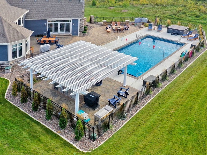 over head view of a large pool side pergola
