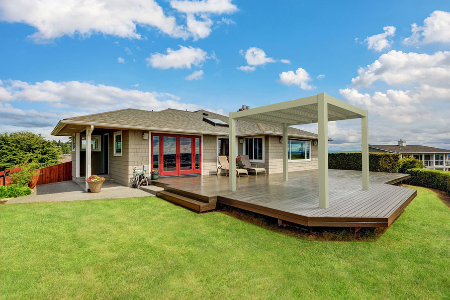 Modern pergola on a ground level deck