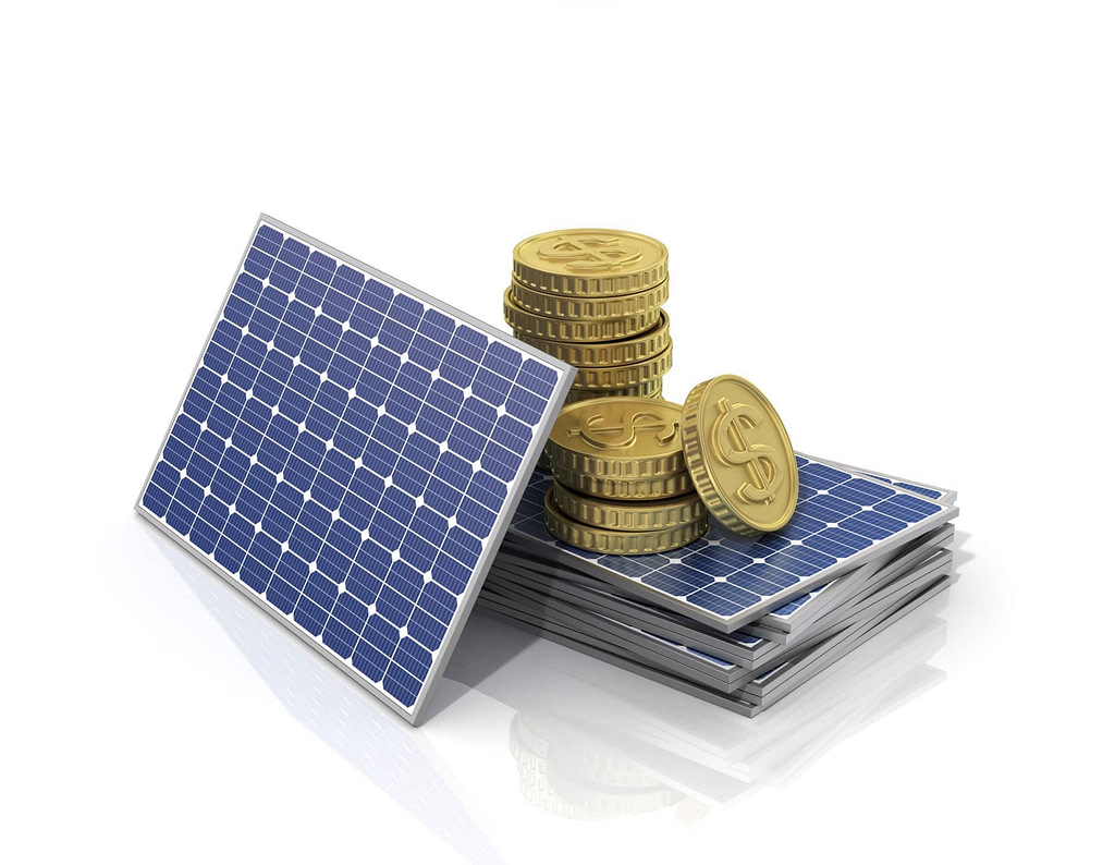 Concept Of Saving Money If Use Solar Panel. Stack Of Money On Th