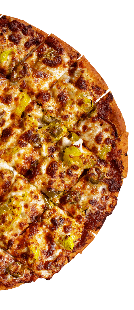 Close-up of sliced pizza with green peppers