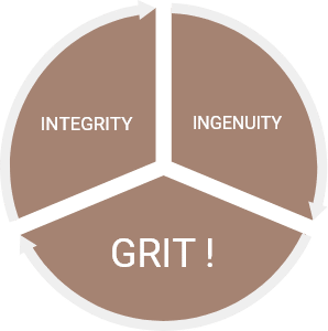 Pie chart with pieces labeled grit, integrity, and ingenuity