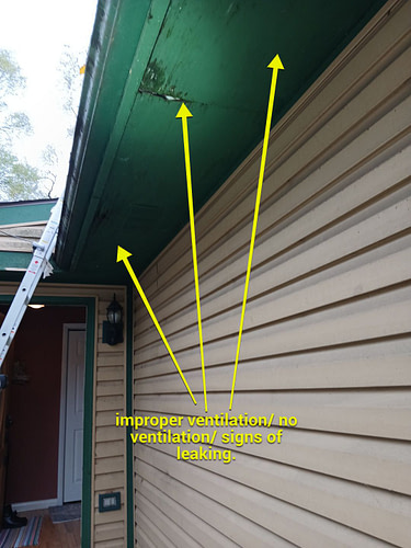 impoper ventilation and signs of leaking in soffit.
