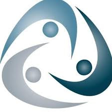 Blue swirl logo with three abstract figures
