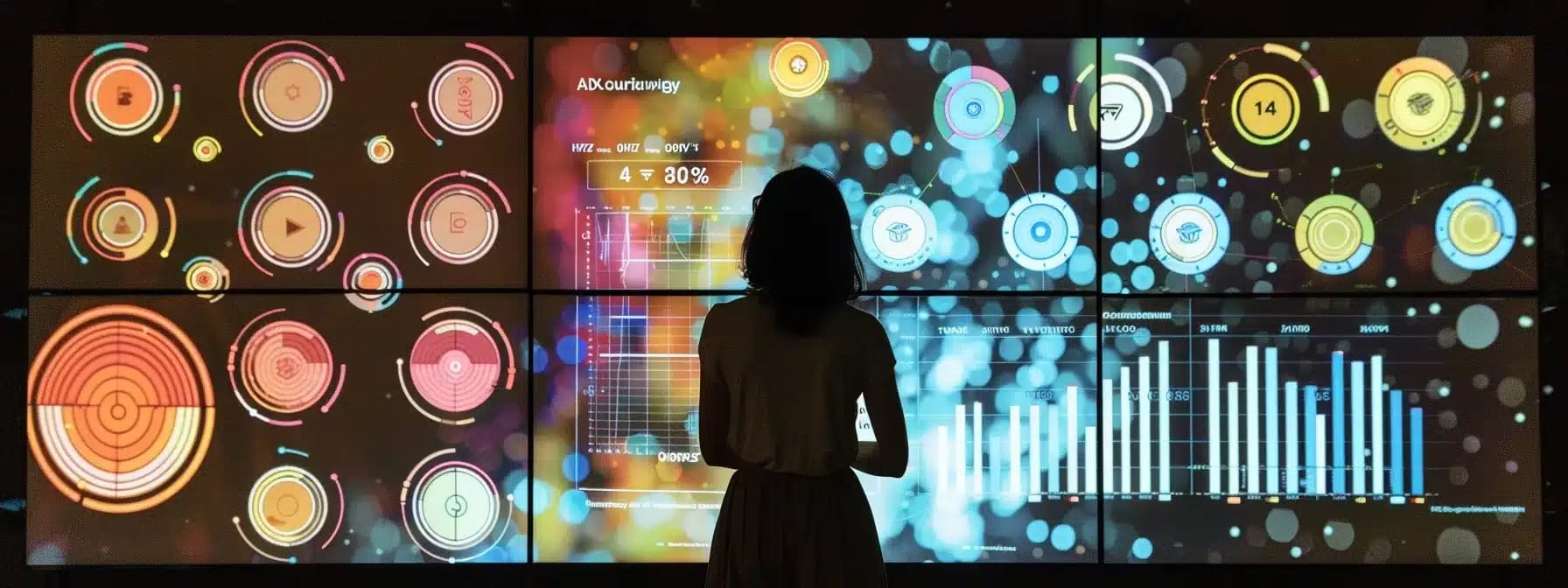 a person analyzing a screen displaying various content metrics, surrounded by charts and graphs, highlighting the data-driven approach to optimizing content performance.