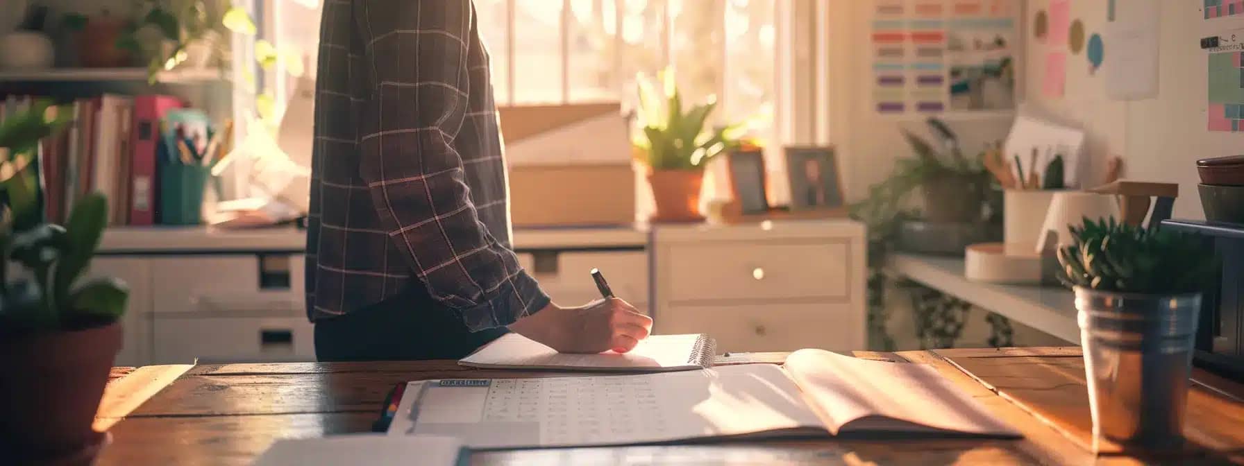 a person standing at a desk with a calendar, planning content strategy with focus and determination.