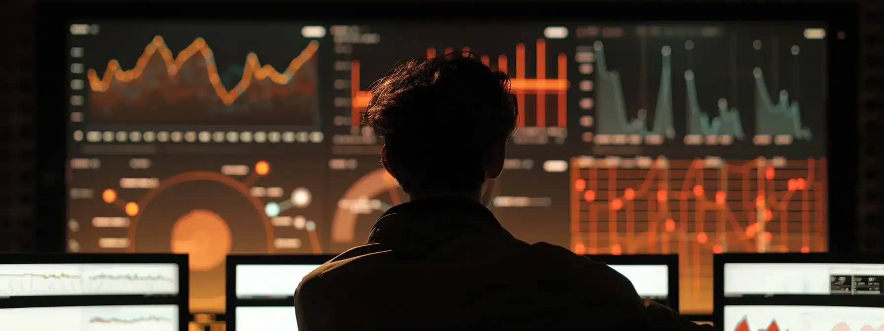 a person analyzing a screen displaying data graphs and charts, highlighting the impact of content performance on a computer monitor.