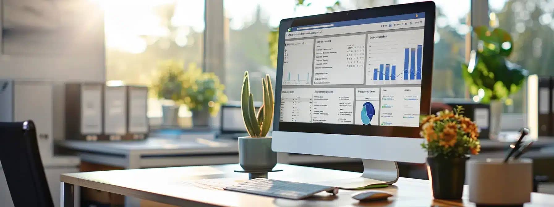 a modern office desk with a computer displaying a sleek content management system interface, surrounded by cutting-edge tech tools like hootsuite for streamlined social media management.