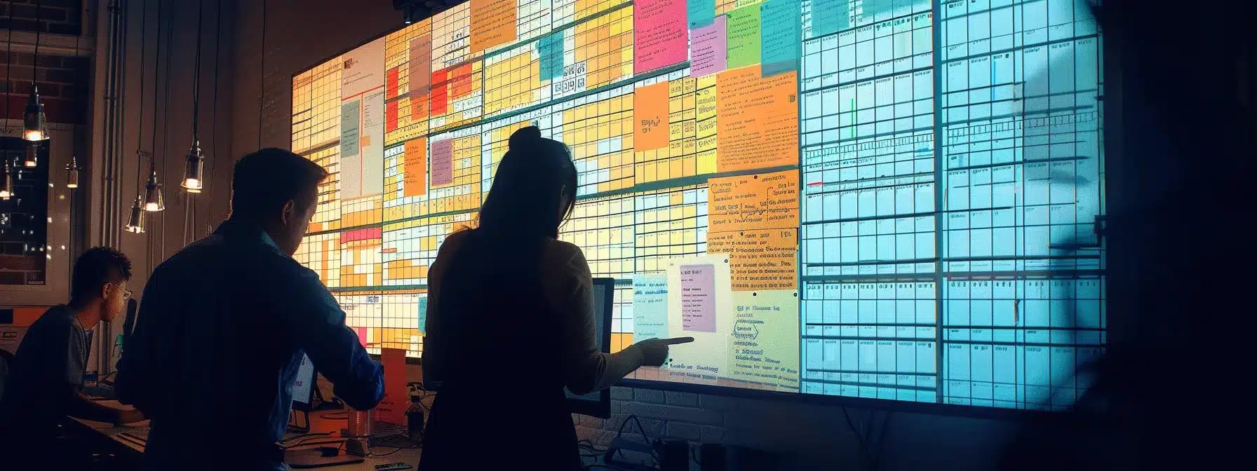 a team of focused individuals collaborating on a large content calendar with color-coded deadlines and assigned roles, creating a structured and efficient workflow.