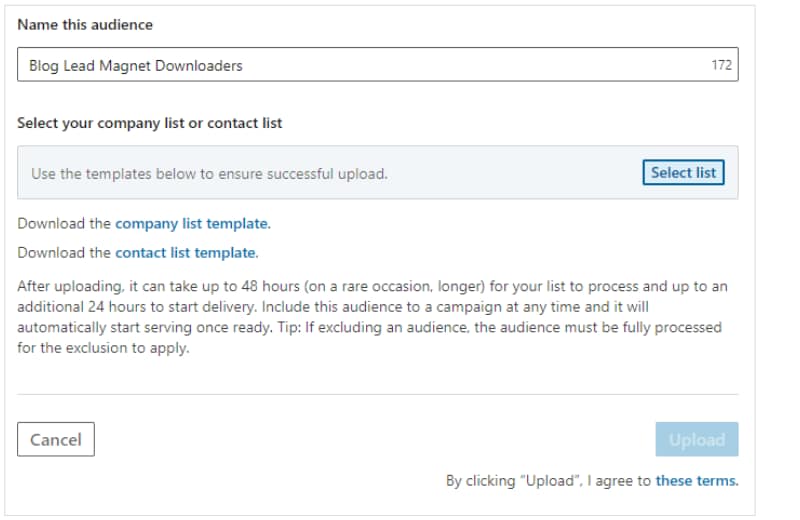 screenshot of how to upload a list in LinkedIn Campaign Manager