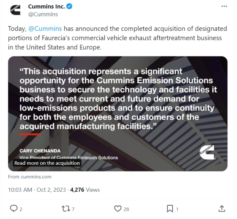 cummins acquires faurecia