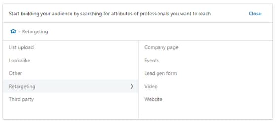 screenshot of different retargeting options for LinkedIn ads